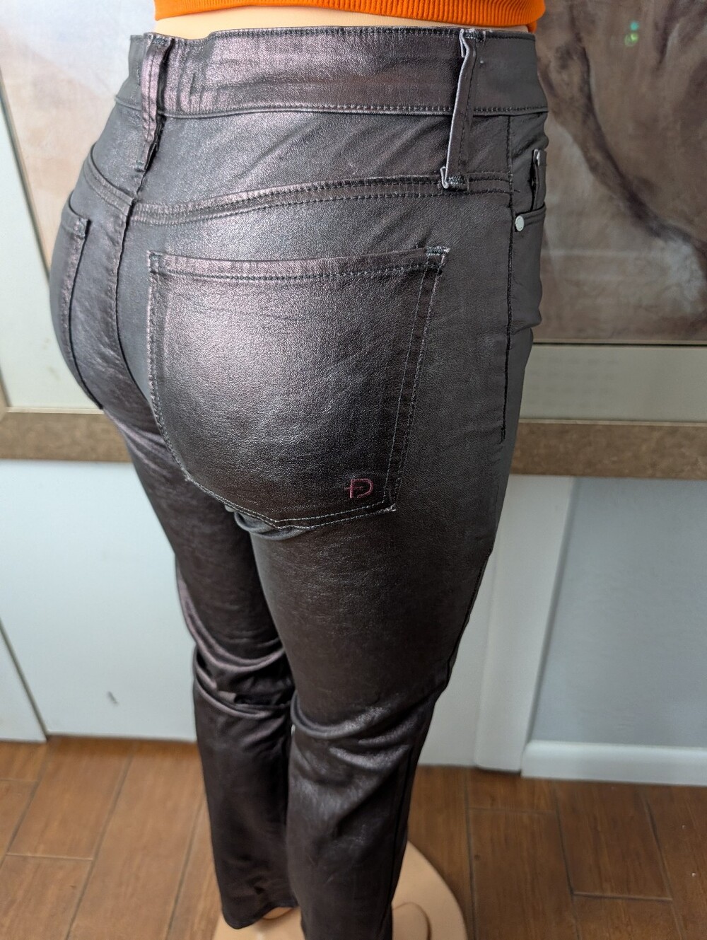 Fidelity Denim Lily High Boot Jeans Burgundy Metallic Foil-Coated Size 26 - Picture 6 of 12